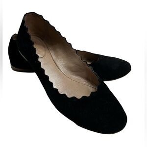 Chloe Black Ballet Suede Round Toe Scalloped Opening Ballet Flats/Shoes Sz 35